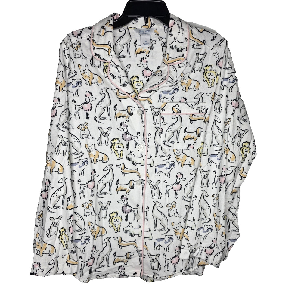 Sleep Sense Pajama Top Womens SZ M Dogs White Multicolor Portuguese Flannel